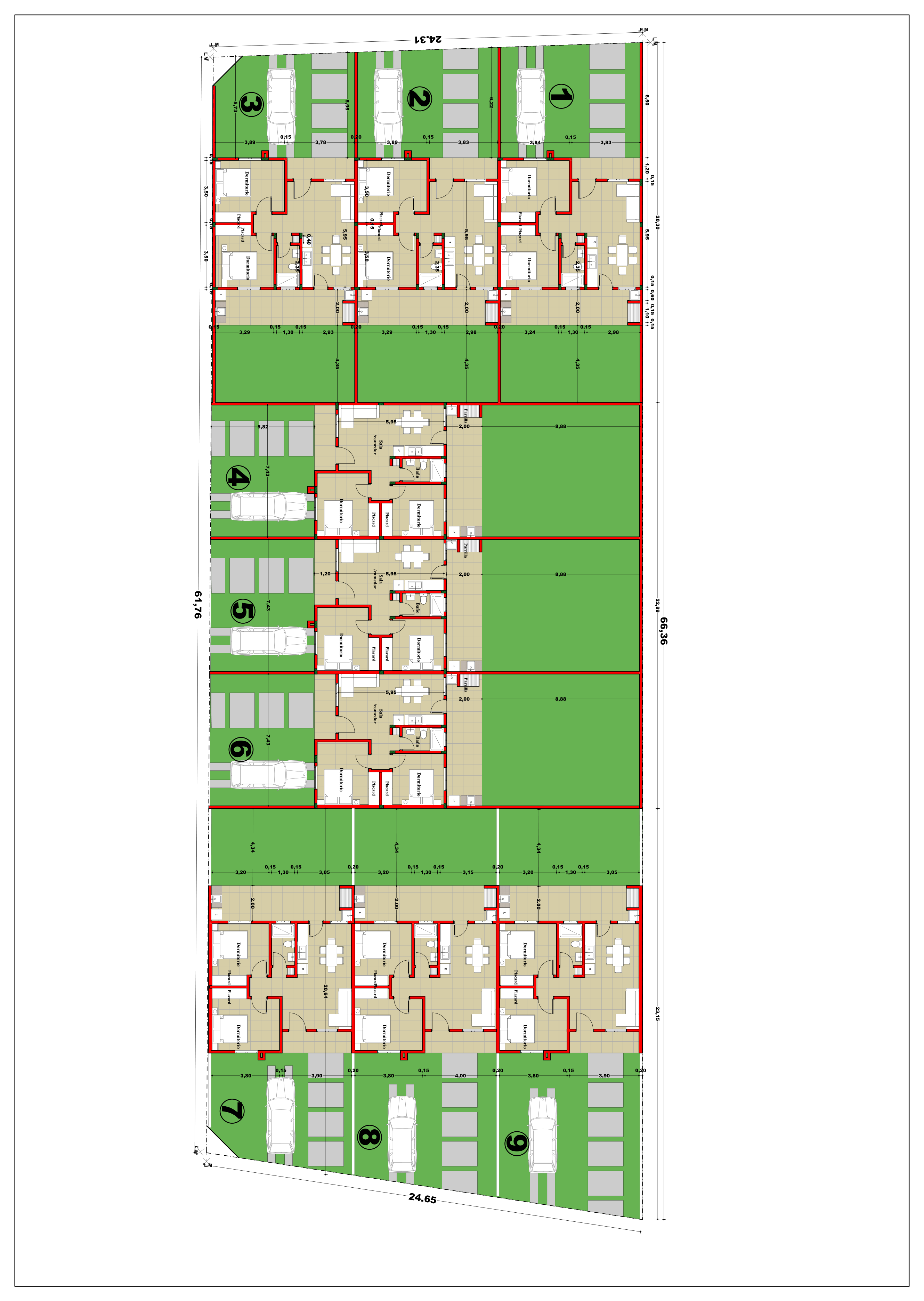 Planta geral original com nove residências: unidades 1 a 3 no topo, 4 a 6 na lateral esquerda e 7 a 9 na extremidade inferior.